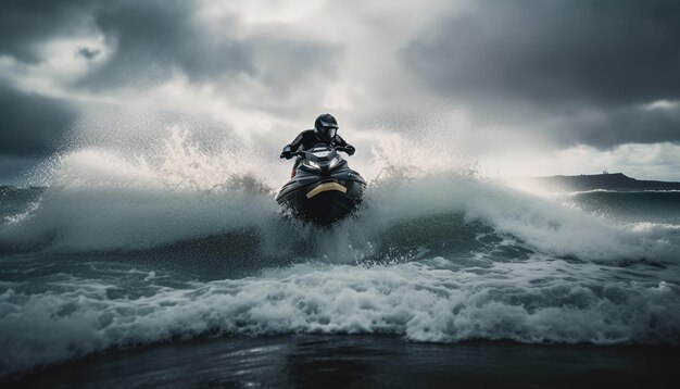 Men riding waves spraying blue extreme excitement generated by AI