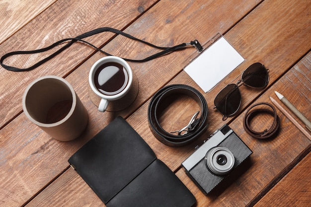 Men's accessories on the wooden table