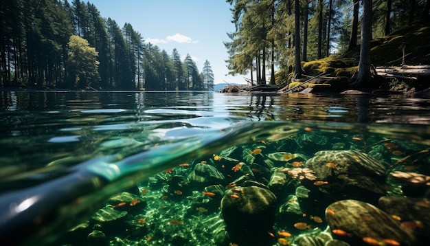 Free photo men and women swim in a tranquil pond surrounded by nature generated by artificial intelligence