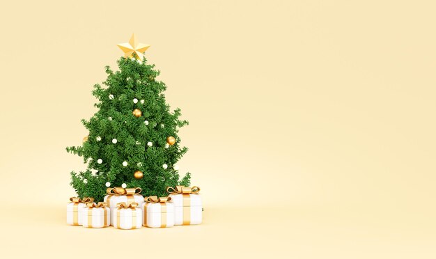 Merry christmas and Happy New Year with christmas tree and gift box banner background 3D illustration