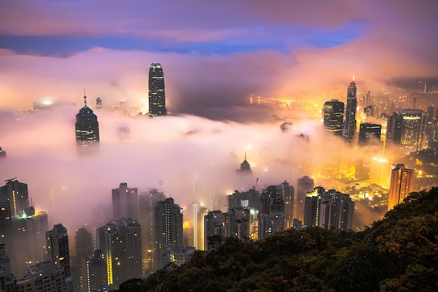 Mesmerizing shot of the skyscrapers of a city covered in mist at night