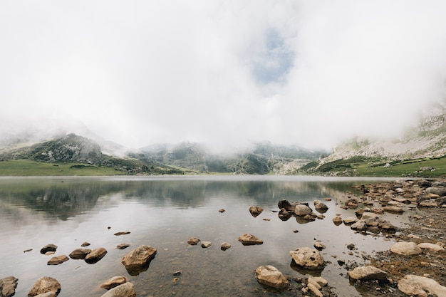 Free Photo mesmerizing view of a lake in the middle of misty mountains