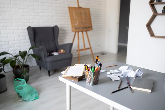 Messy desk with crumpled paper