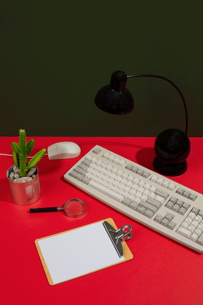 Messy office desk still life