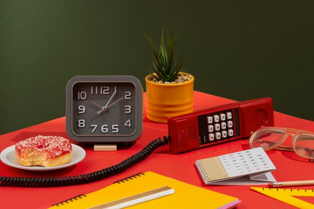 Messy office desk still life