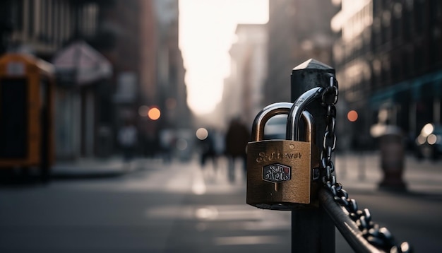 Free Photo metal padlock secures fence in bustling cityscape generated by ai