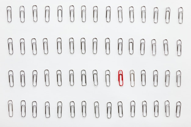 Free photo metal paperclips in rows, one red different from the others