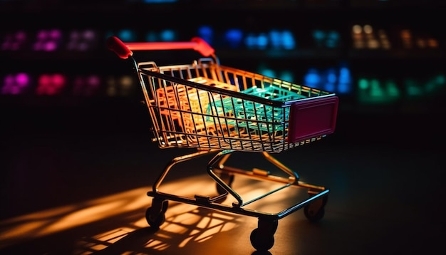 Free Photo metal shopping cart filled with groceries at night generated by ai