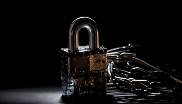 Metallic chain locked with rusty padlock symbolizes security generated by AI