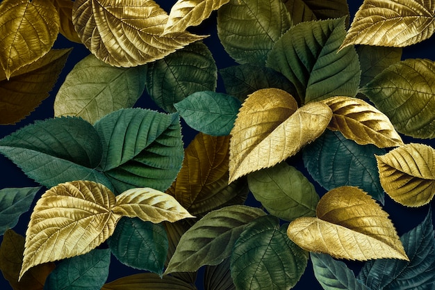 Free photo metallic gold and green leaves textured background