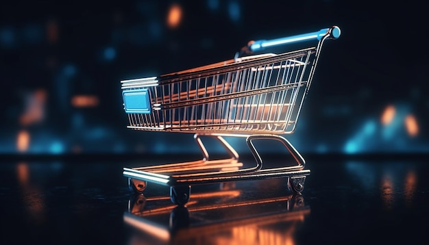 Free photo metallic shopping cart in empty supermarket aisle generated by ai