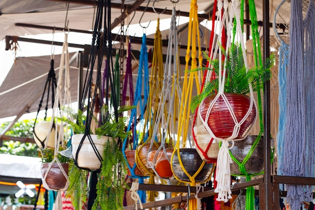 Mexican culture with potted plants hanging