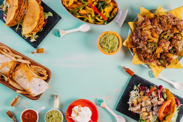 Mexican food on blue background