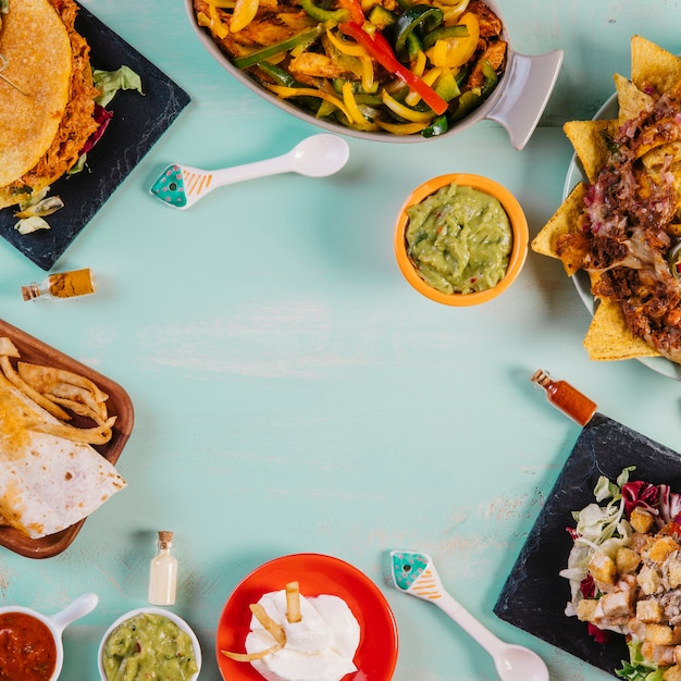 Mexican food composition on blue background