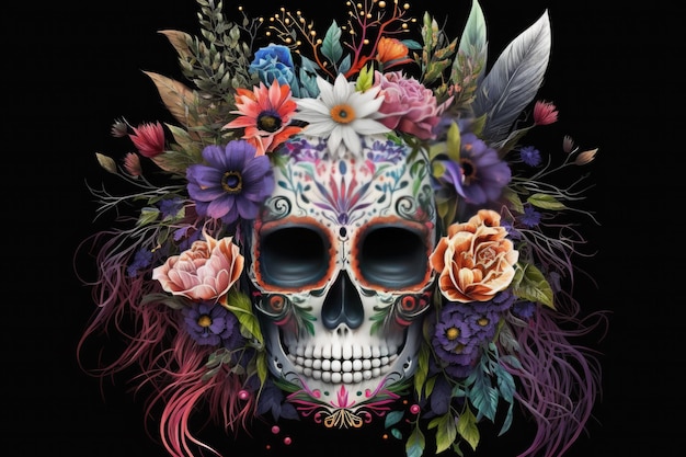 Free Photo mexican katrina skull mask decorated with flowers typical of the dia de los muertos mexican religious tradition halloweenai generative