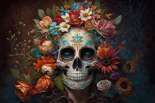 Free Photo mexican katrina skull mask decorated with flowers typical of the dia de los muertos mexican religious tradition halloweenai generative