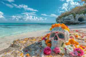 Free photo mexican skull of vivid colors with flowers