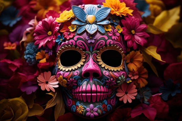 Free photo mexican skull of vivid colors with flowers