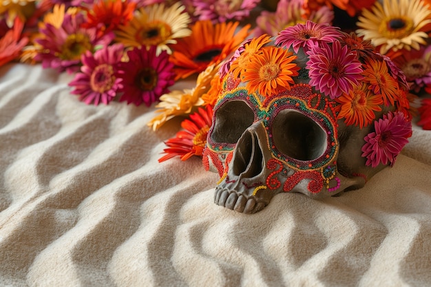 Free Photo mexican skull of vivid colors with flowers