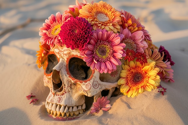 Free Photo mexican skull of vivid colors with flowers