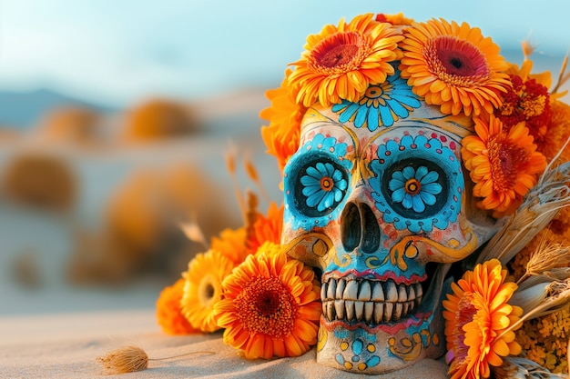 Free photo mexican skull of vivid colors with flowers