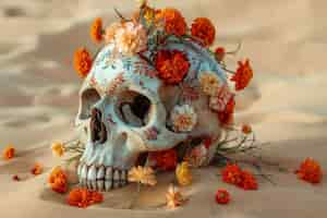 Free photo mexican skull with beautiful flowers