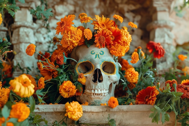 Free Photo mexican skull with beautiful flowers