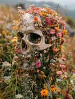 Free photo mexican skull with beautiful flowers