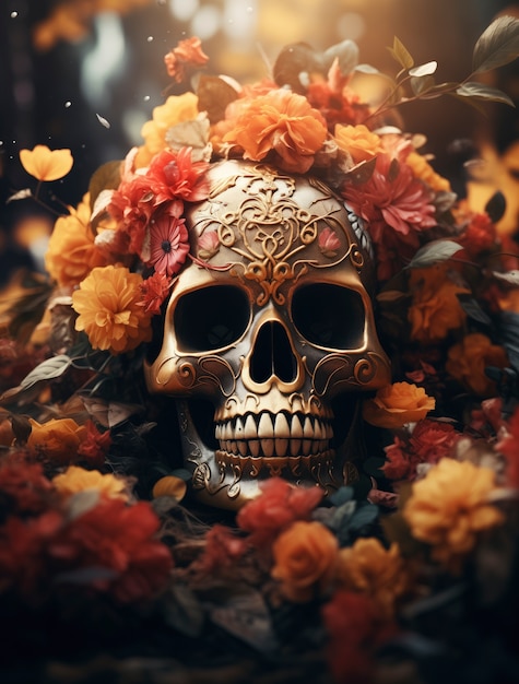 Free Photo mexican skull with beautiful flowers