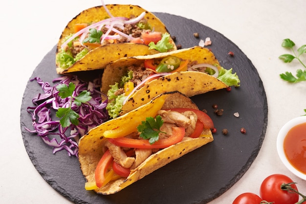 Free photo mexican tacos with meat, pork carnitas street tacos in yellow corn tortilla with onion, cilantro and cabbage. red cabbage. top view. flat lay.