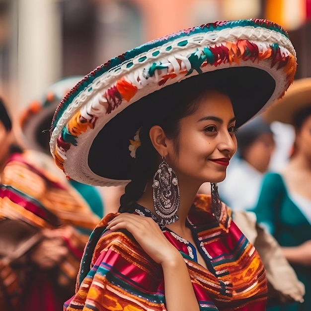 Free Photo mexican women wearing sombrero and poncho walking in the street