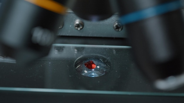 Free photo micro pipette dropping blood sample on microscope tray to do genetic analysis in science laboratory. specialist using dropper on microscopic tool with lens and magnifying glass. close up