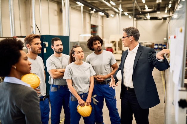 Free photo mid adult businessman giving presentation to group of industrial workers in a factory