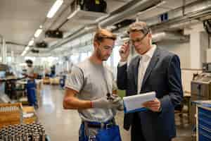 Free photo mid adult engineer and young worker cooperating while analyzing reports in steel factory