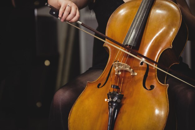 Mid-section of female student playing double bass