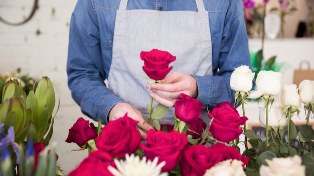 Free photo mid section of male florist arranging the rose flower in the bouquet