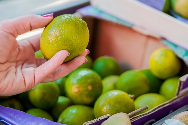 Mid section of woman buying sweet lime in supermarket. Woman buying fruits in organic green market. woman choosing fresh  lime