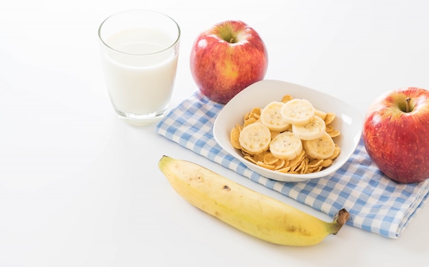 milk, apple, banana and cornflakes