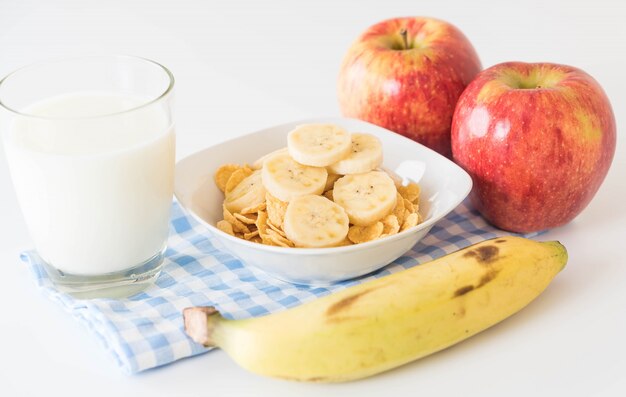 milk, apple, banana and cornflakes