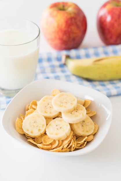 milk, apple, banana and cornflakes