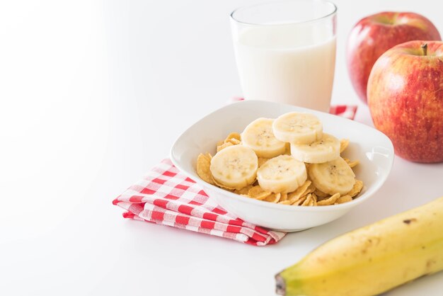 milk, apple, banana and cornflakes