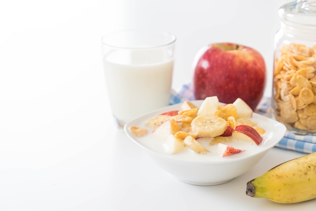 milk, apple, banana and cornflakes