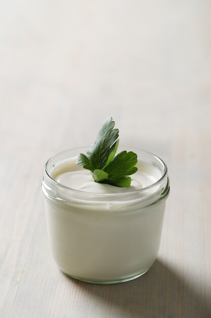 Milk products on wooden table