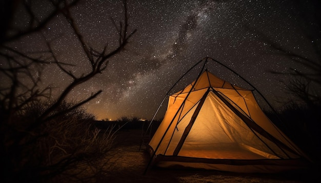 Milky Way illuminates tranquil forest glowing star trail generated by AI