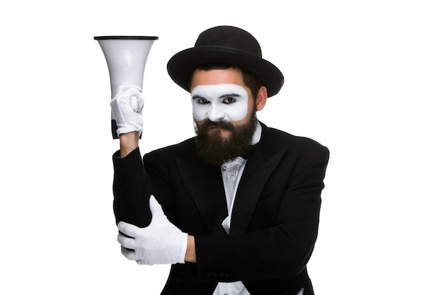 Mime as business man with a megaphone