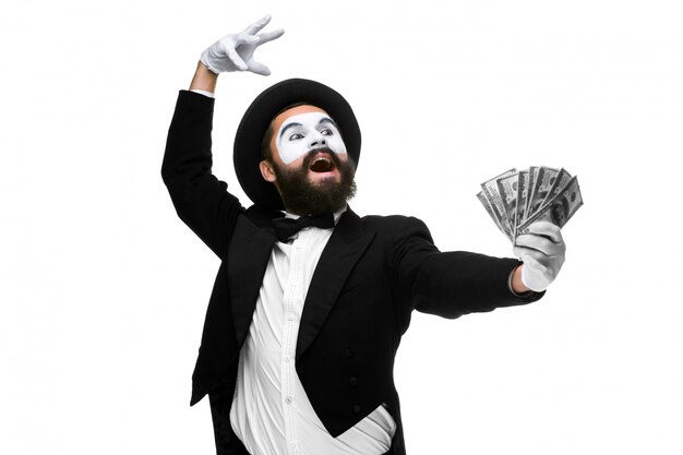 mime as a businessman screaming with delight