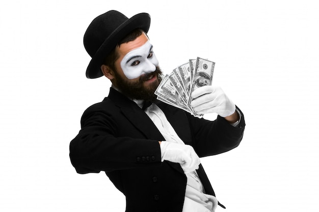 Mime as a businessman screaming with delight