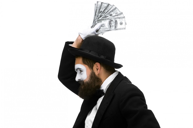 Mime as a businessman screaming with delight