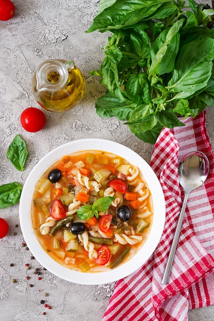 Free Photo minestrone, italian vegetable soup with pasta. vegan food. top view. flat lay.