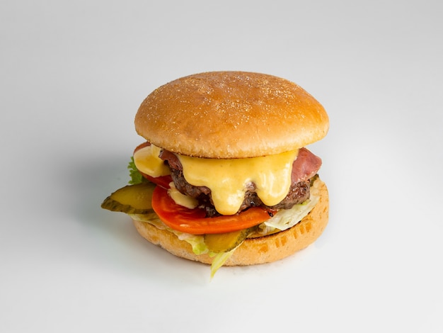 Free photo mini beef burger with salami tomato prickled cucumber lettuce and cheese